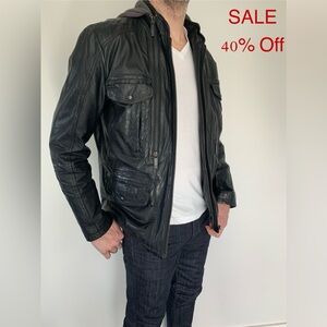 Hugo Boss/Boss Orange Label New Men's Insulated Leather Jacket- Black- Large